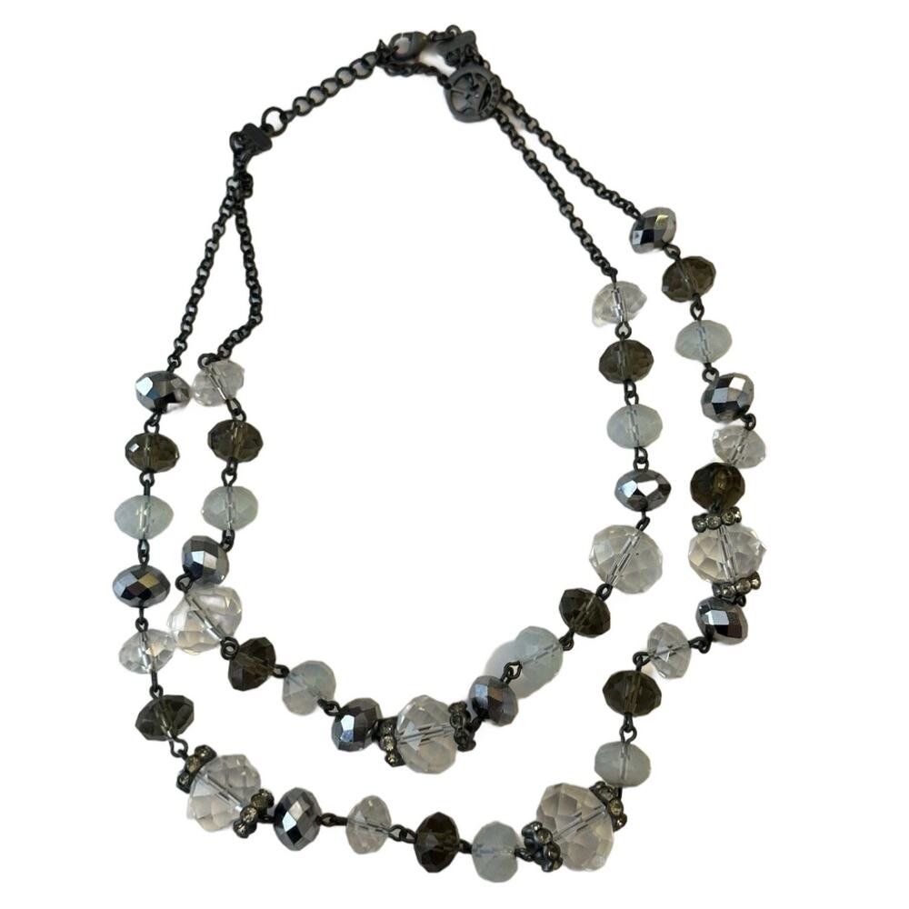 Trifari Double Strand Crystal White Gray Beaded Gunmetal Necklace